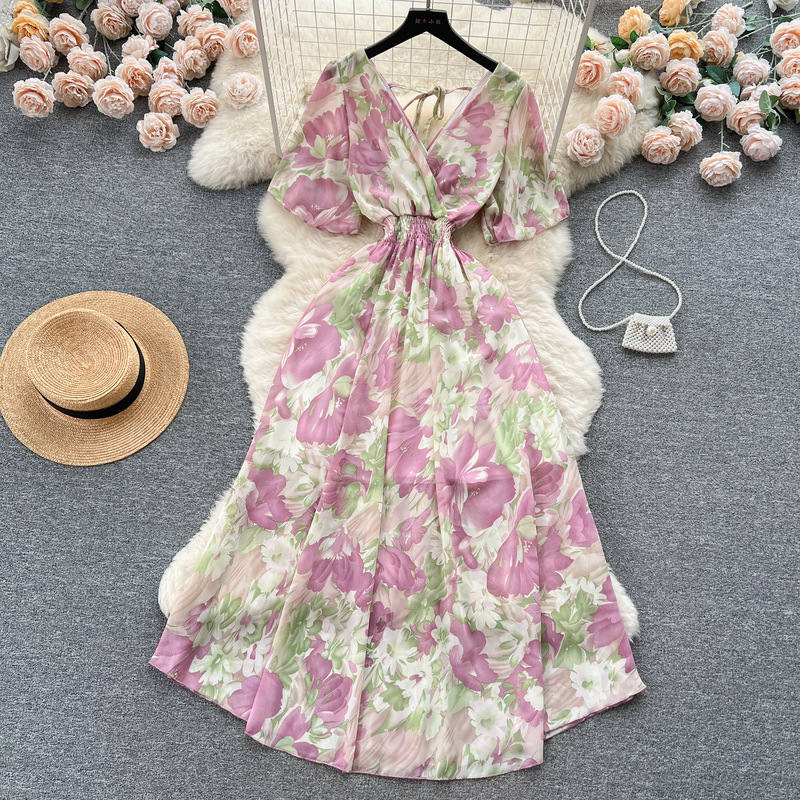 Romantic Retro French Style Retro Elegant Oil Painting Printed Dress Women's High-end Tight Waist Slimming Chiffon Fairy Dress Romantic Retro French Style Retro Elegant Oil Painting Printed Dress Women's High-end Tight Waist Slimming Chiffon Fairy Dress