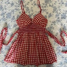 跨境新款时尚夏季性感辣妹条纹蕾丝蝴蝶结甜美潮流女装吊带上衣