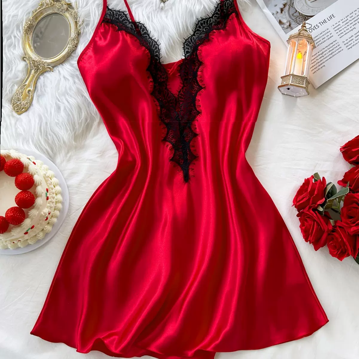 蕾丝花边睡裙女士跨境欧美喜庆女装欧美色丁春夏季睡衣薄款家居服