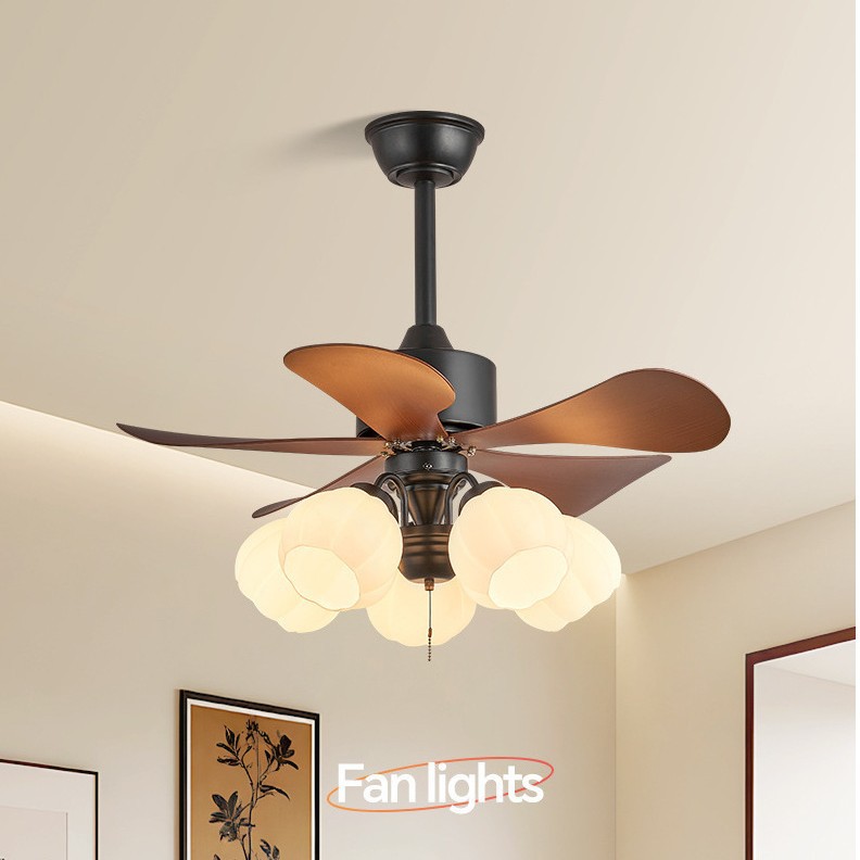 Second-Hand Ceiling Fan Lamp Retro Walnut Color Fan Lamp Restaurant Bedroom High-End Cream Style Silent Ceiling Fan Lamp