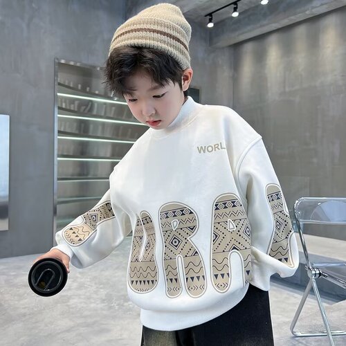 Boys' Padded Crew Neck Sweatshirt Half High Collar Autumn/Winter 2024 New Arrival Large Children Winter One-piece Fleece Thick Top Stylish Trendy