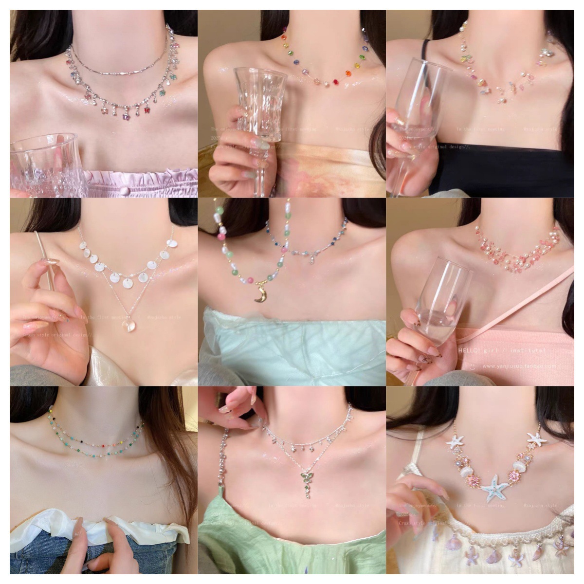 Dopamine-Style Fresh and Sweet Crystal Pearl Necklace Accessories for Women, Summer Clavicle Chain, Seaside Vacation Style Neckpiece for Women