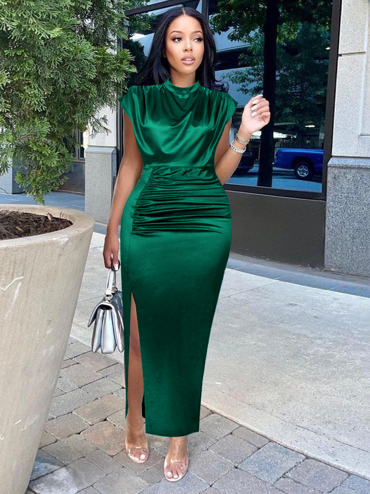 high waist short sleeve slit tight long solid color dress NSKNE129683