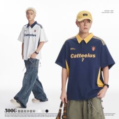 CATTEEメンズアメリカレトロ純綿300g重ポンド襟半袖男性アルファベットプリントゆるいpoloシャツ