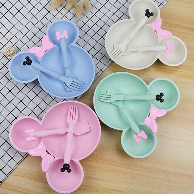 Cross-border special wheat straw cartoon children's tableware suit kindergarten baby food supplement plate Four-Piece Gift Set