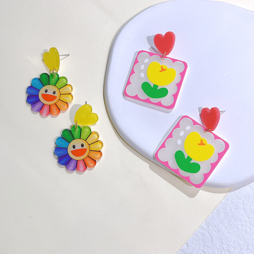 Daily Occasion 1 Pair Cartoon Style Heart Shape Flower Dragonfly Epoxy Arylic Drop Earrings