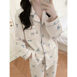 跨境专供外贸女士ins新款加厚加丝棉点点蝴蝶结睡衣家居服套装女