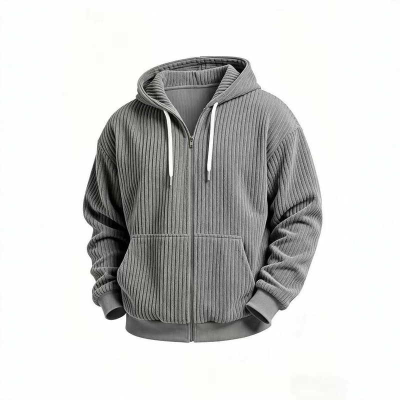 Cross-border versatile autumn and winter long-sleeve simple knit hooded solid-color zip-up jacket, men's casual loose-fit sweatshirt