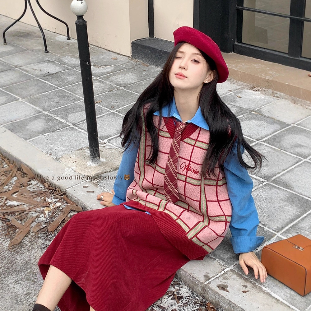 深冬装搭配一整套女新款领格纹针织毛衣马甲长袖衬衫两件套装潮