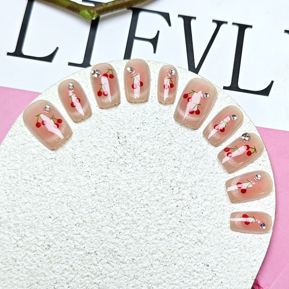 Diamante brillante adornado con armadura de desgaste simple y de moda 10 piezas de parche de uñas de cereza roja rosa claro ojo de gato manicura hecha a mano