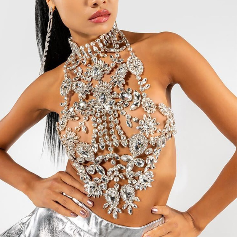 Europa y los Estados Unidos de la nueva cadena de pecho de diamante en forma de flor sexy baile de lujo colgar accesorios de cadena de cuerpo femenino