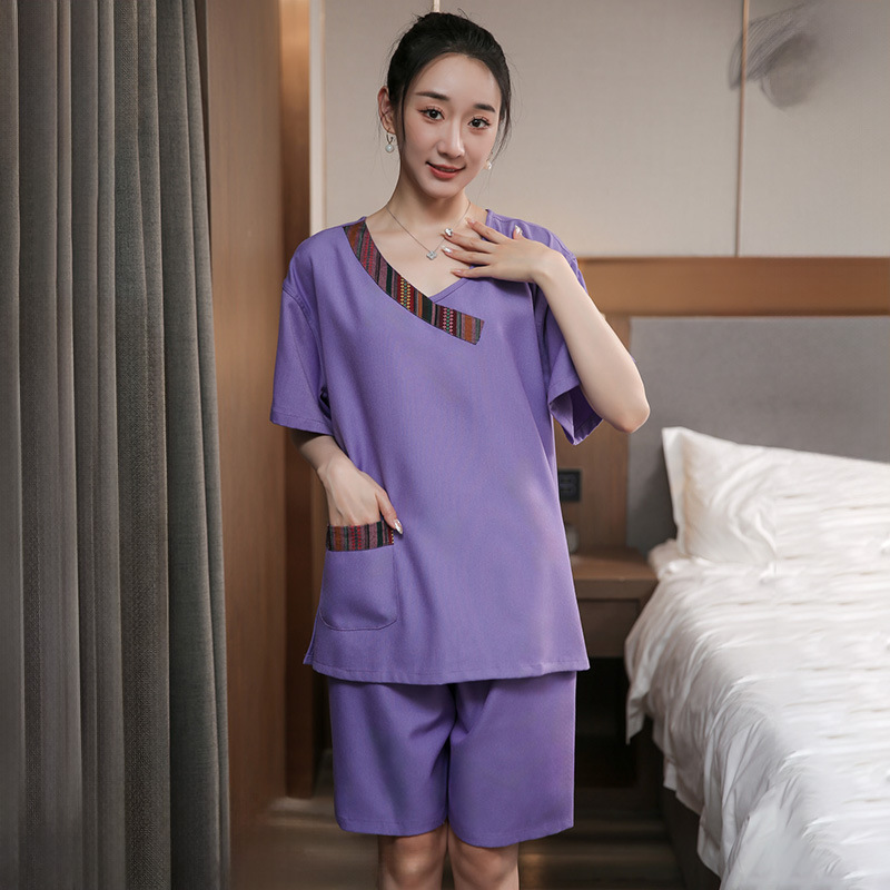 사방 스판 하프 플라워 칼라 퍼플 여성복