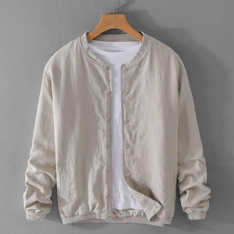 Linen Jacket Men's Spring and Autum Japanese Style Retro Baseball Collar Casual Cotton and Linen Top Loose Youth Jacket