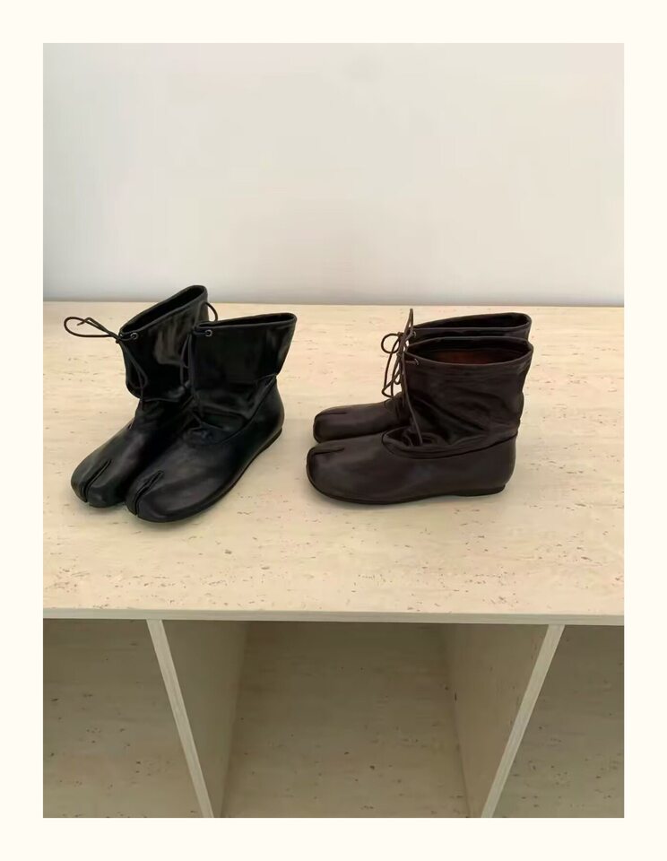 Bốt cổ ngắn nữ da bò xẻ ngón buộc dây ống rộng gót thấp — Màu nâu đậm, màu đen chi tiết 9