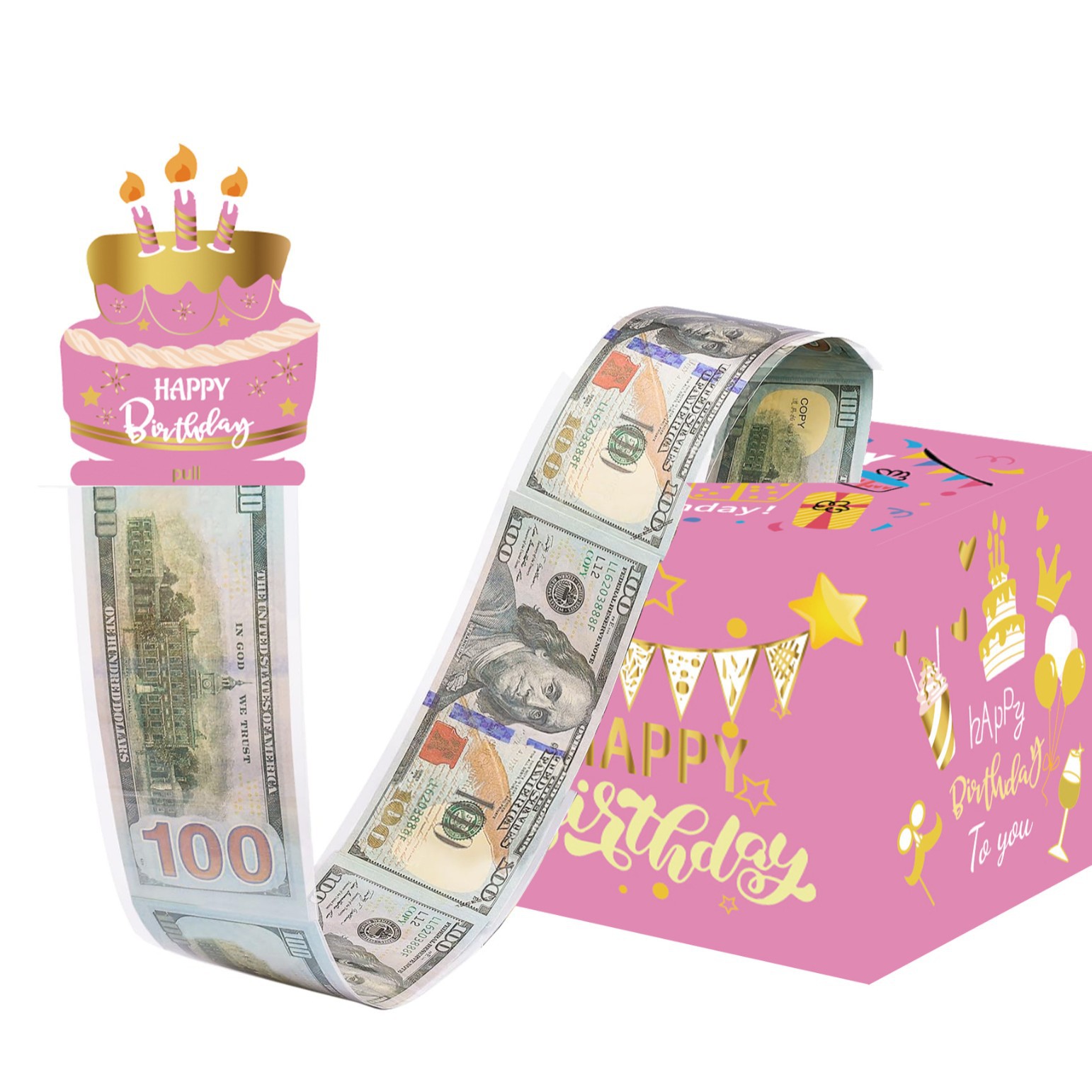 粉金生日抽钱盒 生日装饰拉取式藏钱礼盒 节日创意礼物