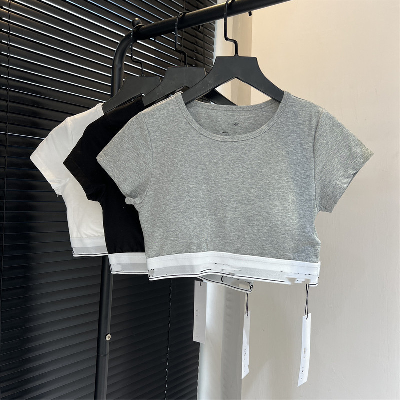 Jennie's Same Ready-Made Short-Sleeved Women's Tight-Fitting Short Shoulder Threaded Navel-Baring Sexy Slim T-Shirt 3135