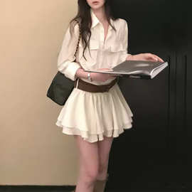 山茶白茉莉 越素越爱留白衬衫立裁捏褶收腰衬衫裙女2026秋季长袖