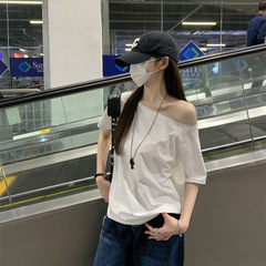 2025夏季宽松慵懒风一字肩短袖T恤新款韩版辣妹休闲百搭露肩上衣