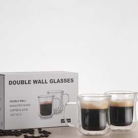 TD61双层玻璃咖啡杯350ml 时尚套装带把手耐高温防烫透明高颜值高