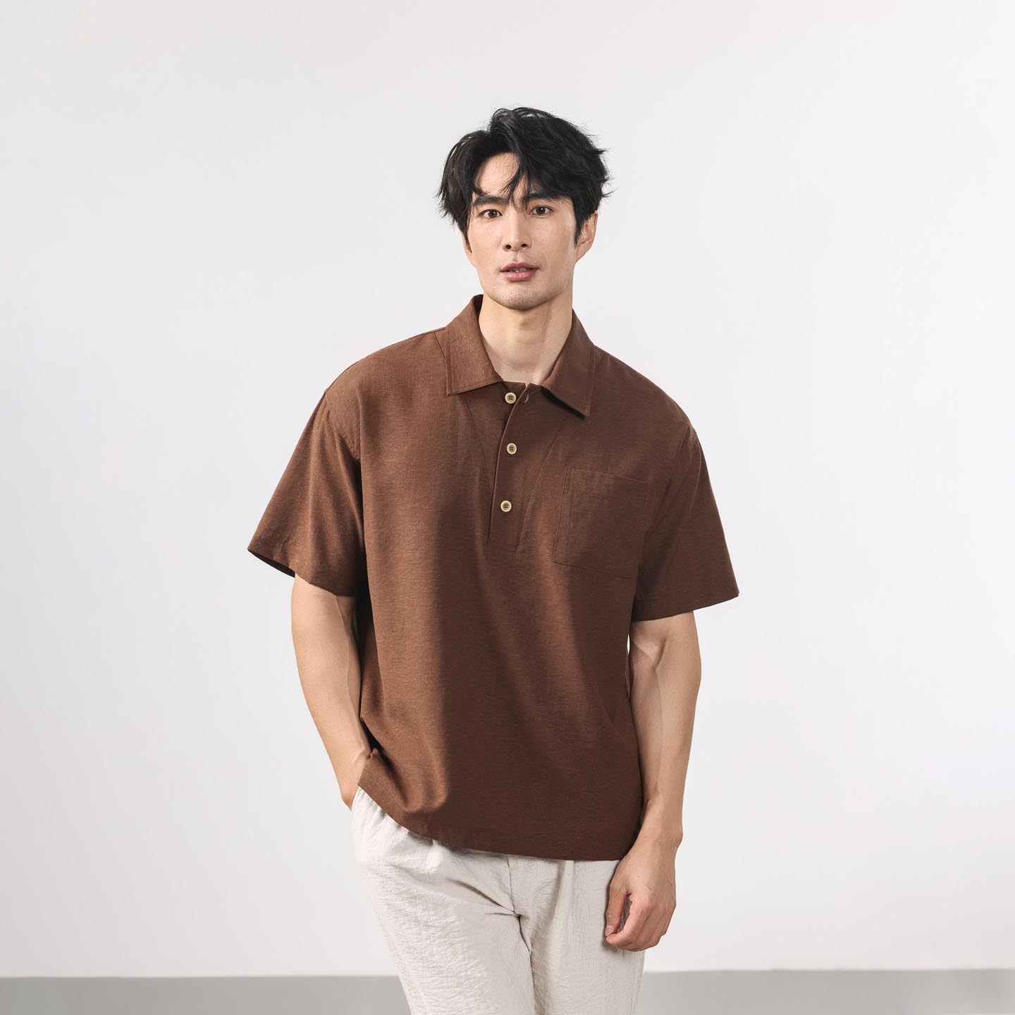 高端亚麻莱赛尔Polo衫男夏季薄款宽松垂感复古优雅翻领衬衫短袖男