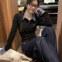 韩系polo领格子拼接长袖T恤女装秋季新款纽扣设计假两件修身上衣