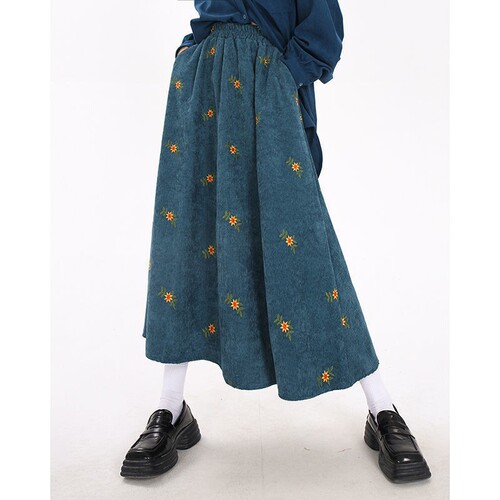 Vintage Brown Corduroy Skirt A Midi Skirt Early Autumn Embroidered Floral Forest System Knee-Length Skirt