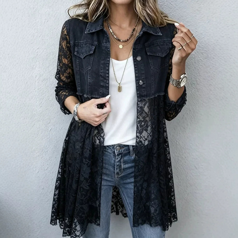 2026 European and American Cross-Border Amazon Independent Site New Fashion Stylish Faux Denim Lace Patchwork Jacket for Women 2026 European and American Cross-Border Amazon Independent Site New Fashion Stylish Faux Denim Lace Patchwork Jacket for Women