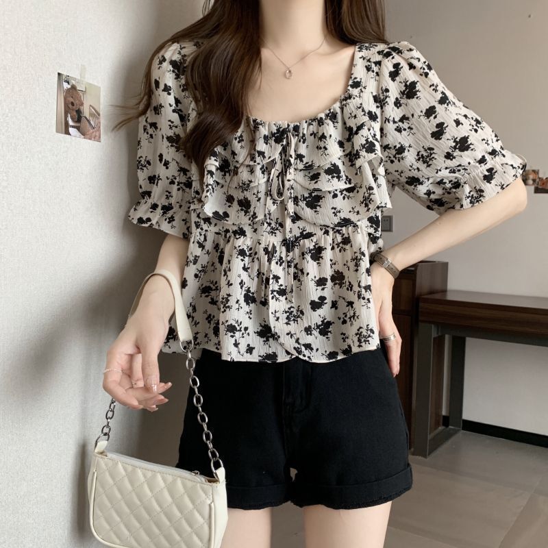 plus size Women's Summer Western Style Age-reducing Floral Chiffon Short-sleeved Shirt chubby girl Belly-covering Slimming Square Collar Lace-up Top