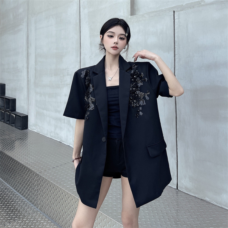 Real Shot of Design Sequin Embroidered Summer Korean Style Loose Casual Temperament Short-Sleeved Suit Jacket Top