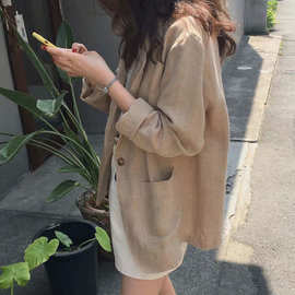 早春秋季韩国网红棉麻西装外套女韩版宽松亚麻小西服英伦风衣服