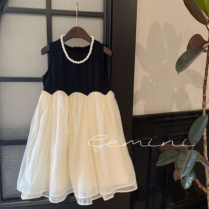 Korean Style Children's Wear Girl's 23 Summer Western Style Contrast Color Sleeveless Dress French Stitching Design Sense Little Girl's Dress