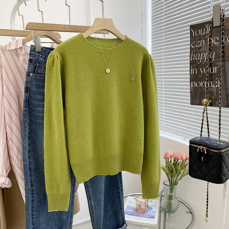 Korean style autumn and winter New 10-color full wool sweater round neck puff sleeve age-reducing long sleeve thin sweater 23163