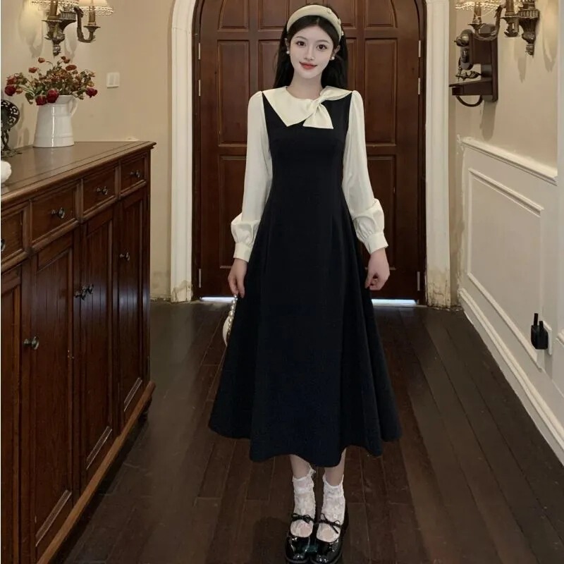 Plus Size Women's Hepburn Style Fake Two-Piece Dress Spring and Autum New Rich Daughter Style Super Fairy Mid-Length Skirt