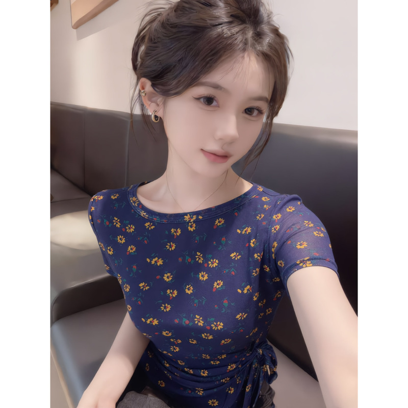 Retro Navy Blue Floral Double-Layer Mesh Blouse Short-Sleeved T-Shirt for Women Summer Style Round Neck Tie Slim Fit Short Top
