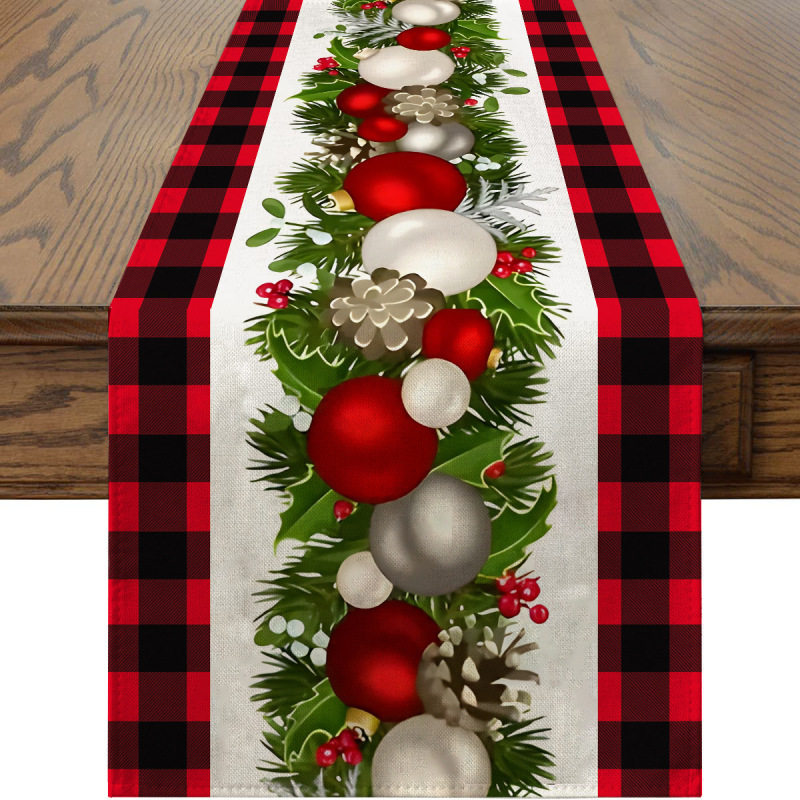 国境を越えた新しいクリスマステーブル旗は麻の生地の長いテーブルクロスのクリスマスの祝日の食卓の装飾をまねている|undefined