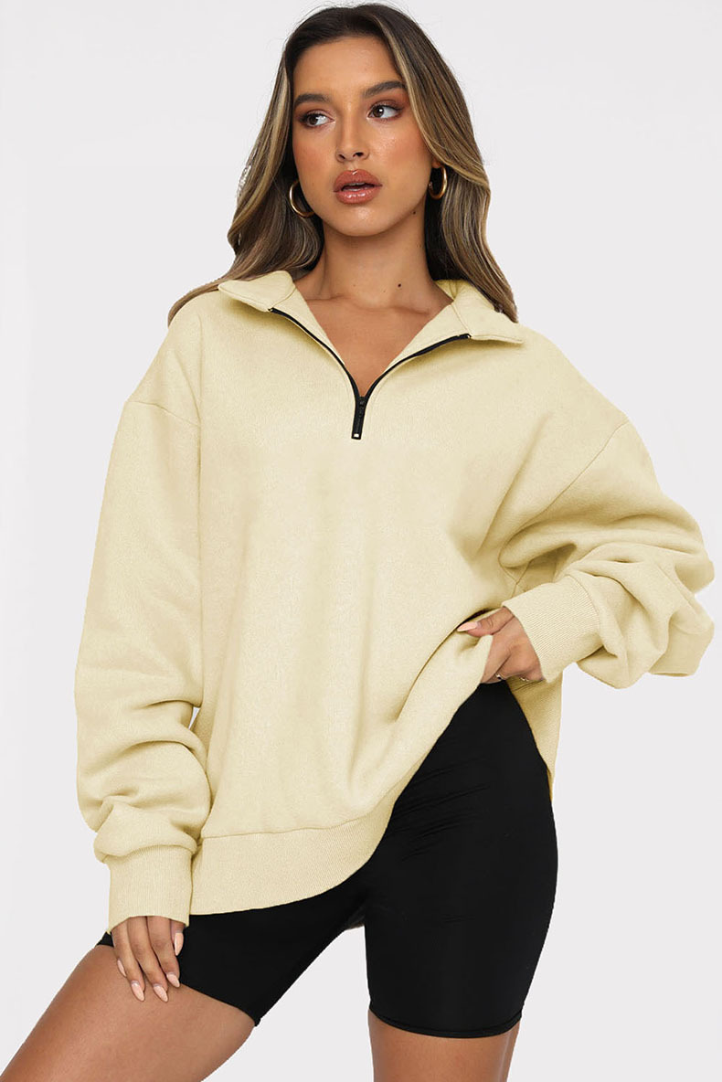 Zipper Collared Solid Color Loose Sweatshirt in Hoodies & Sweatshirts