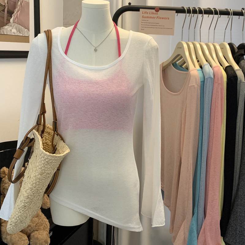 Lazy Style Asymmetrical Sun Protection Blouse, Summer Light and Thin Trumpet Long-Sleeved Air-Conditioned Top, Loose and Versatile Pure Color T-Shirt