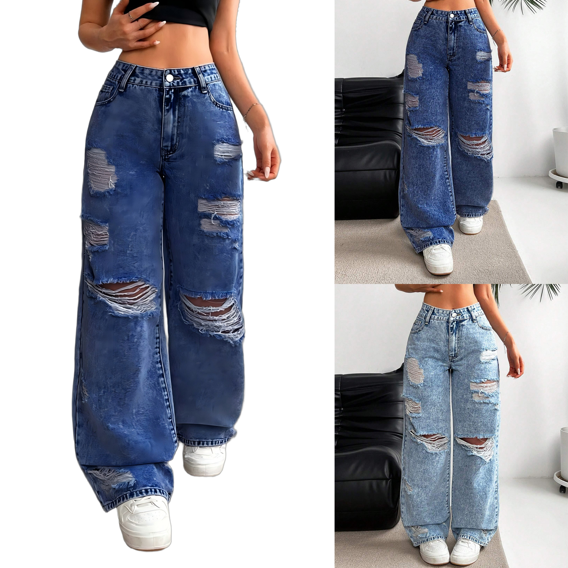 ​​Women's Relaxed Fit Straight Leg Jeans - Vintage Washed Denim, Wide Leg Comfort, Street Style Casual Pants For Everyday Wear​​_ecoleips.com