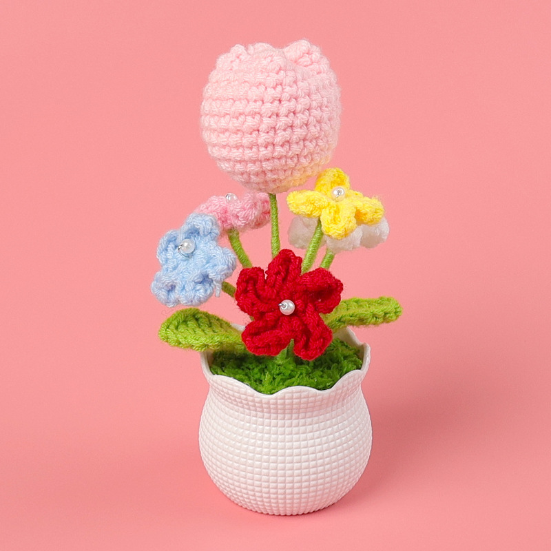 完成したウールの花、模擬花、ひまわり、小さな鉢植え、車載用家庭用緑の植物、チューリップの装飾品、デスクトップ装飾|undefined