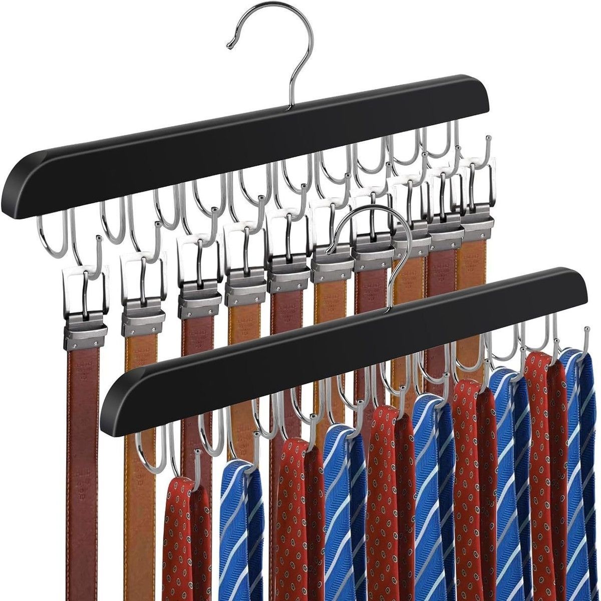 Belt storage organizer with double row of 16 hooks, solid wood 20-hook wooden tie and scarf rack, multifunctional hanger