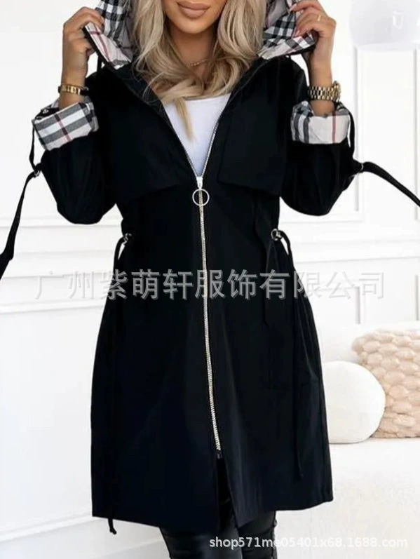 Демисезонное trench coat женское, с капюшоном, европейский стиль, молния и шнурок