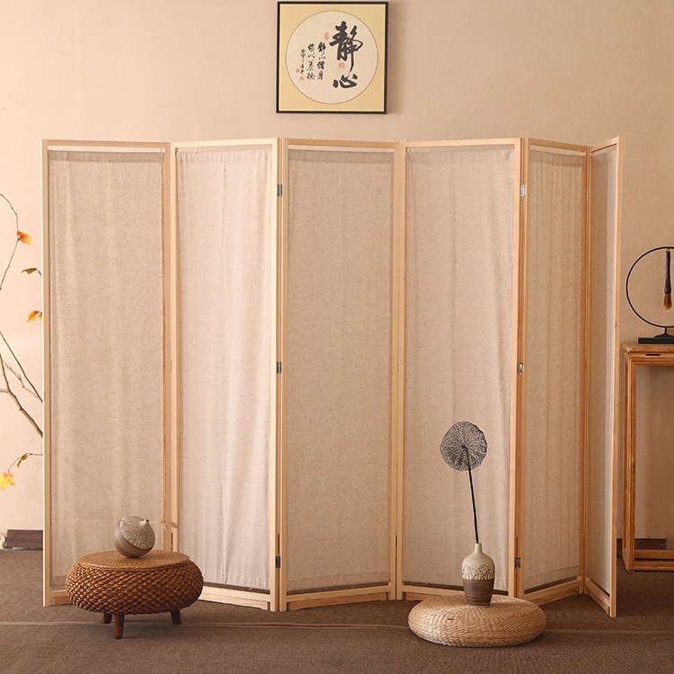 Chinese Solid Wood Linen Fabric Screen Entry Partition Living Room Entrance Modern Simple Folk Pastoral Fabric Folding Screen