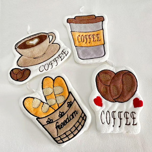 Cross-border new coffee towel padded coral fleece embroidery towel cute hand cloth kitchen gift towel