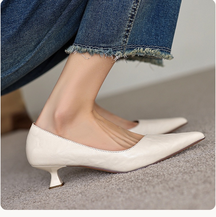 Giày cao gót nữ mũi nhọn da cừu gót vuông ổn định, xỏ chân miệng nông, kiểu mới xuân thu — Màu nâu chi tiết 10