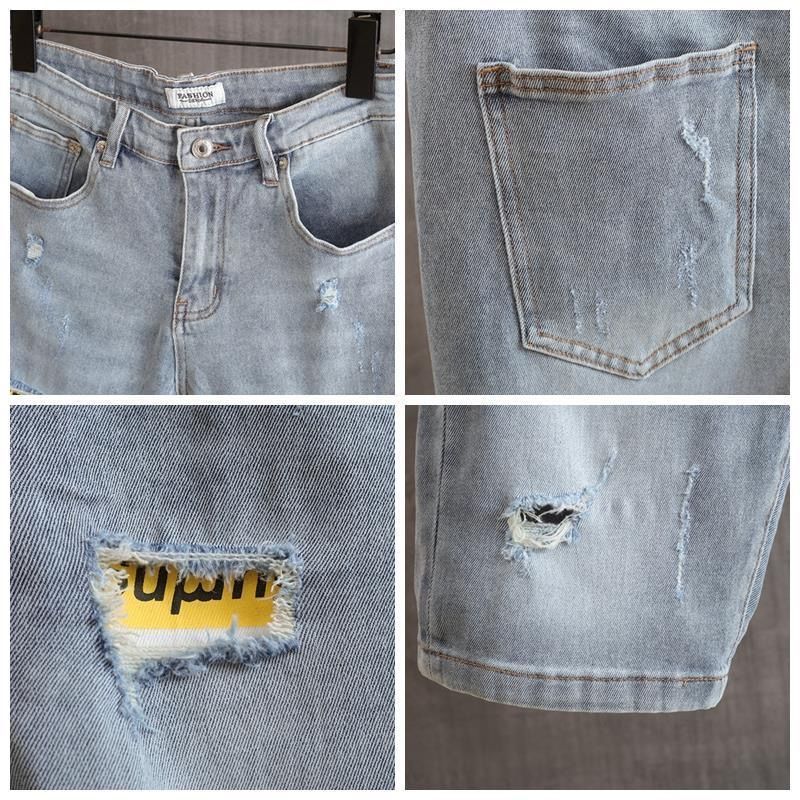 Summer thin blue embroidered denim men's versatile, perforated straight leg cropped shorts, loose elastic shorts_voghion.com