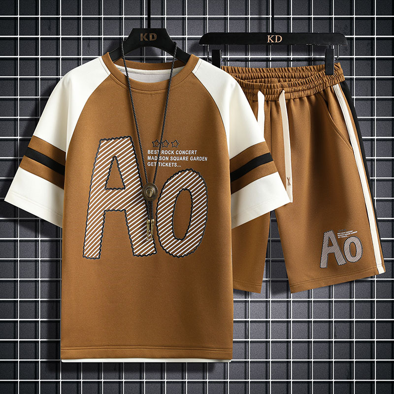 2024 new sports leisure suit men's fashion brand loose large letter color matching short sleeve T-shirt shorts men's two pieces