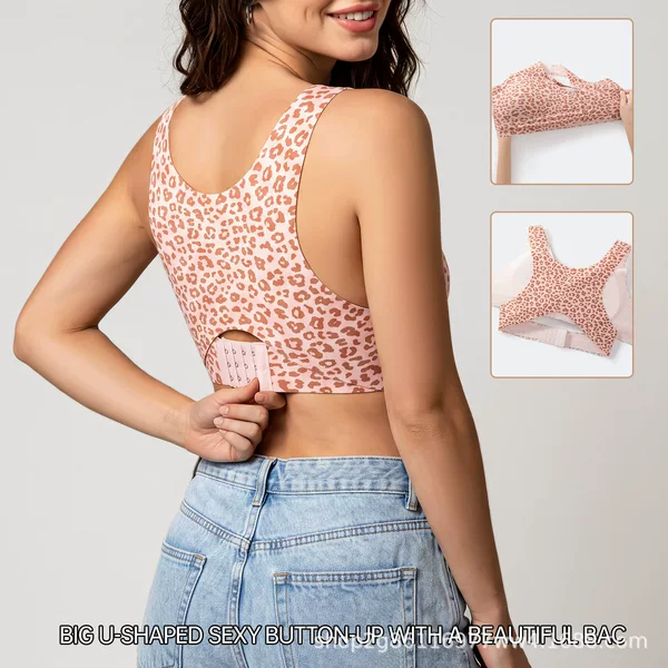 Women's vest-style bra with front clasp, no underwire, leopard print, polka dot, push-up, shaping, beautiful back, summer new model, cross-border
