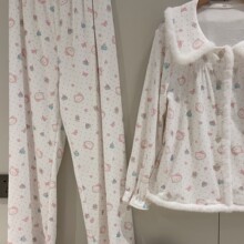 海岛绒长袖睡衣女秋冬季可爱卡通KT猫学生翻领毛毛绒绒家居服套装