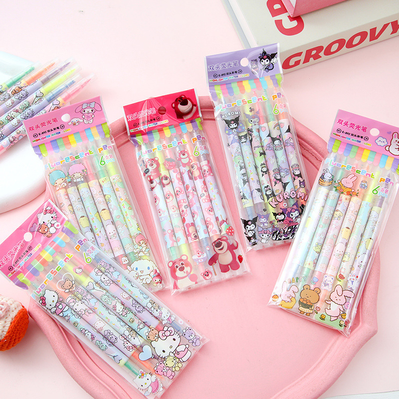 6 juegos de dibujos animados de doble cabeza marcador de punta de color