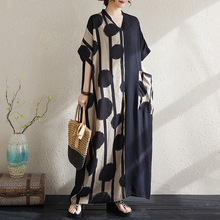 2025夏季新款胖mm薄棉麻遮肚显瘦v领短袖撞色拼接长款连衣裙女